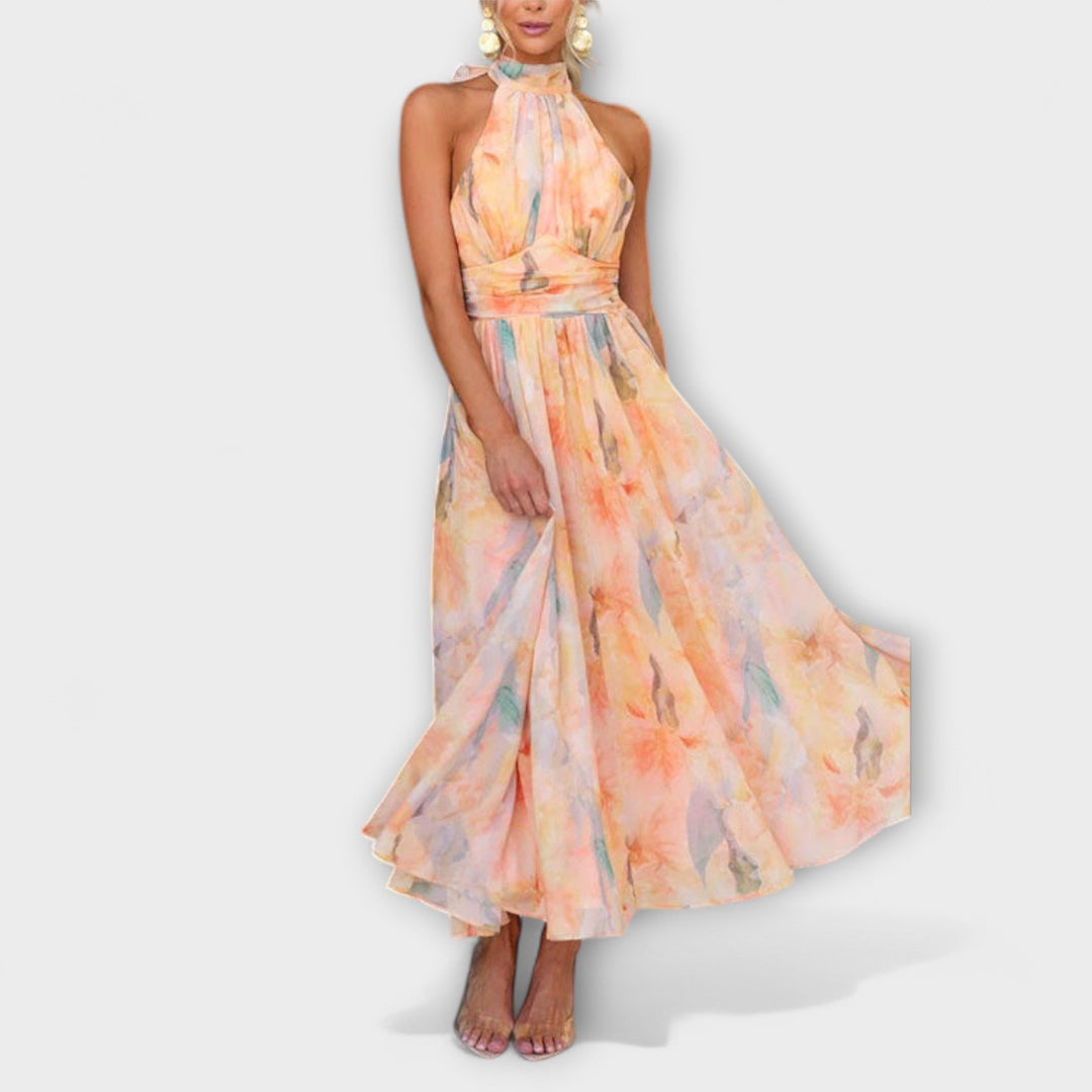 Neck Open Back Waist Watercolour Print Maxi Dress