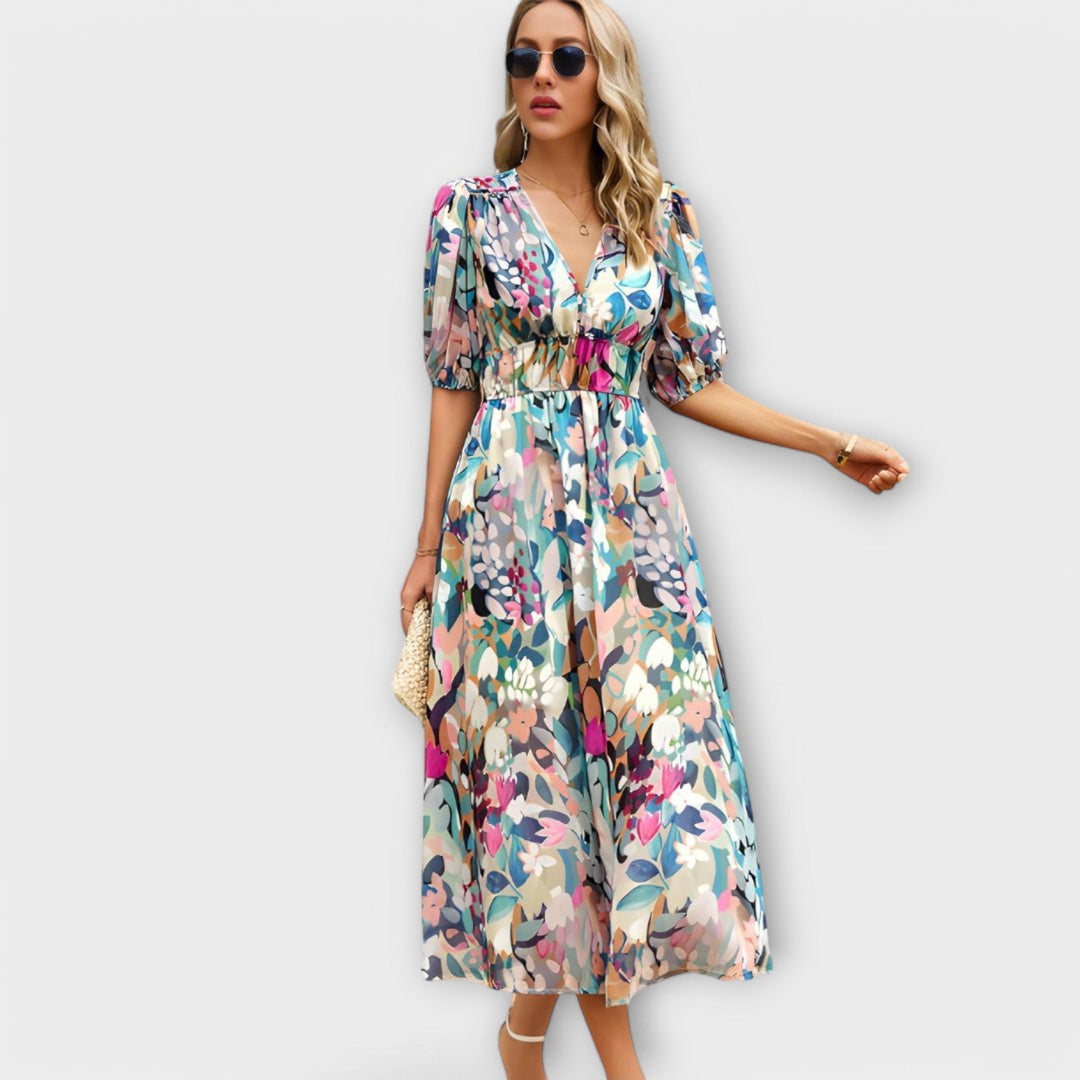 Abstract Maxi Dress with Puff Sleeves