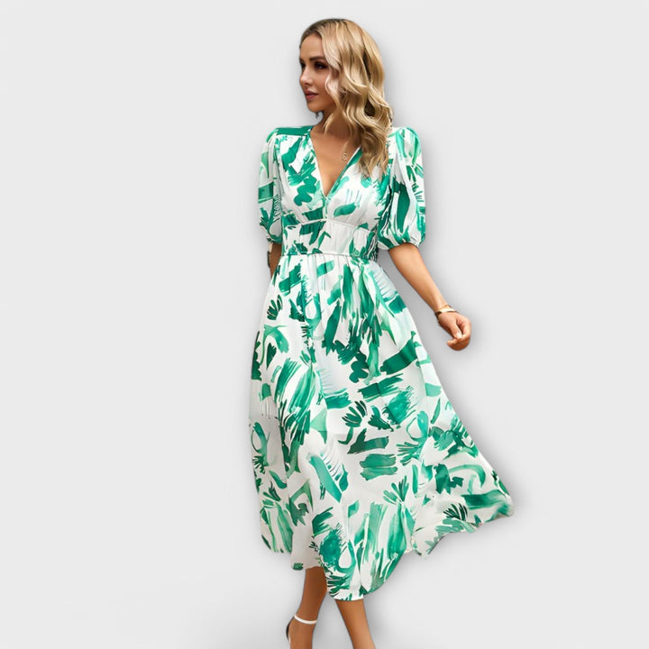 Abstract Maxi Dress with Puff Sleeves