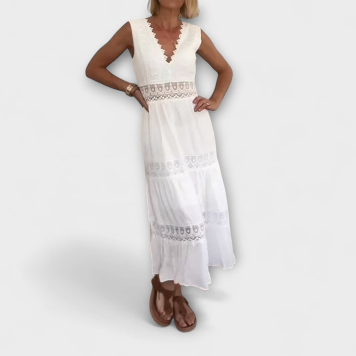 Ninfea - Sleeveless Midi Dress in Boho Style with Lace Details