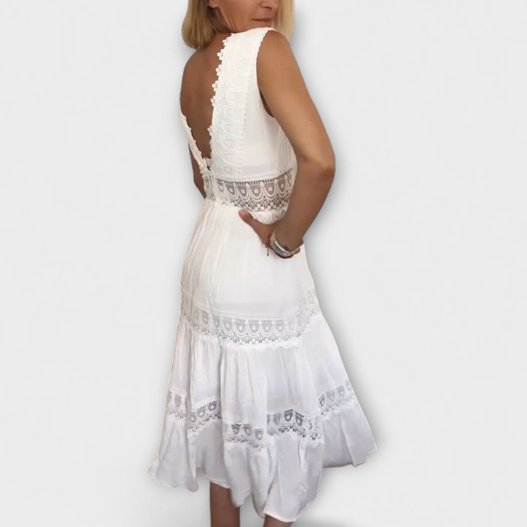 Ninfea - Sleeveless Midi Dress in Boho Style with Lace Details